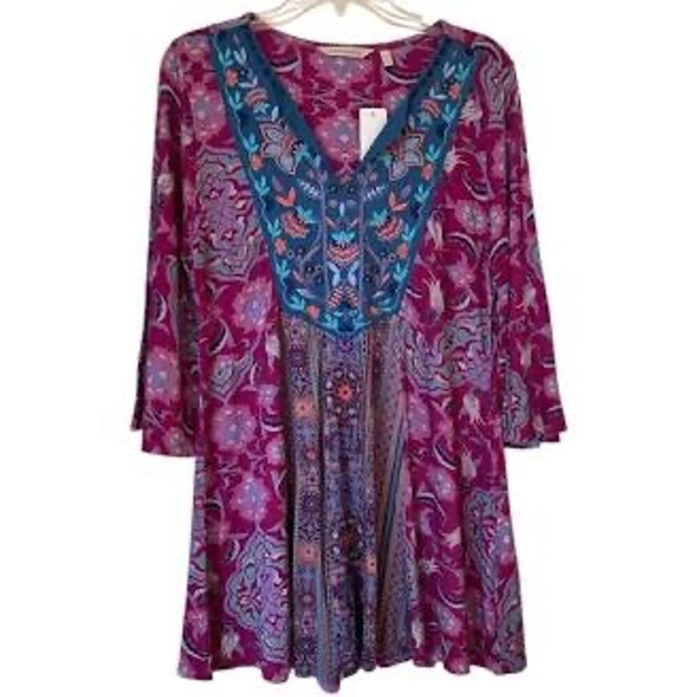 Soft Surroundings Pink Floral Embroidered Tunic - Style 3EU17 Boho Top Size PL
